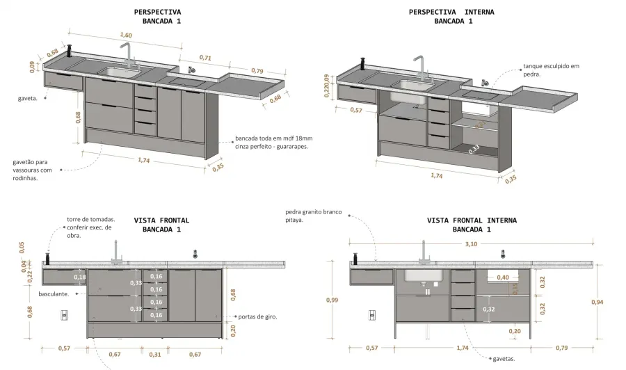 Detalhamento da bancada para o marceneiro – prancha do projeto executivo, Apartamento N+R (Capão da Canoa/RS)