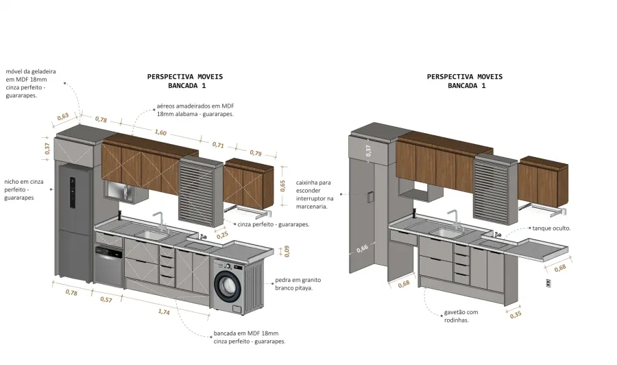 Marcenaria em perspectiva – prancha do projeto executivo, Apartamento N+R (Capão da Canoa/RS)