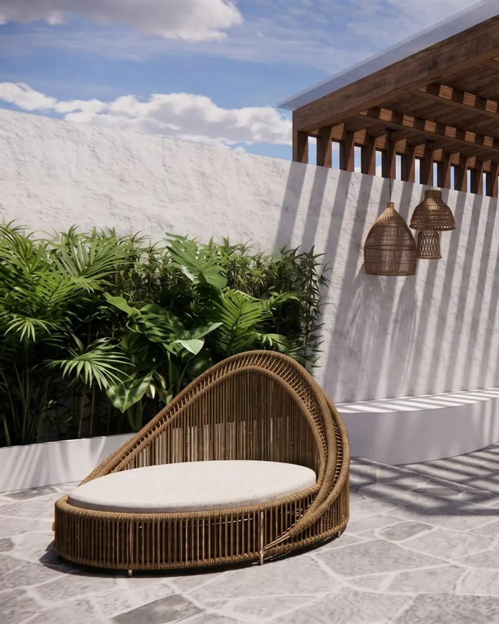 Imagem 3D do pátio com pergolado e daybed de fibra natural