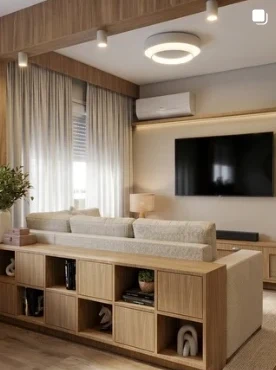 Post: sala com marcenaria em madeira clara