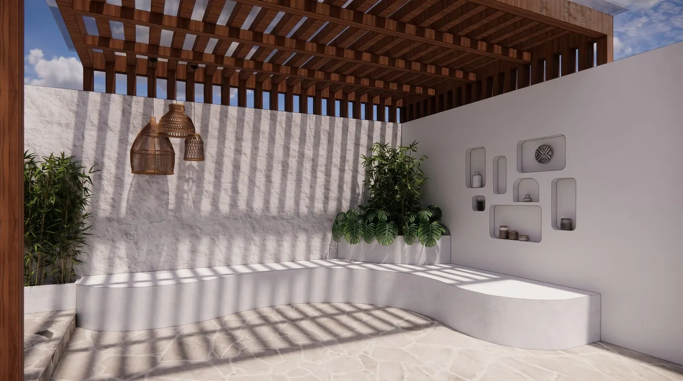 Concepção do pátio do Studio Fire Model: pergolado de madeira, banco curvo com nichos e luminárias de fibra natural, estética mediterrânea