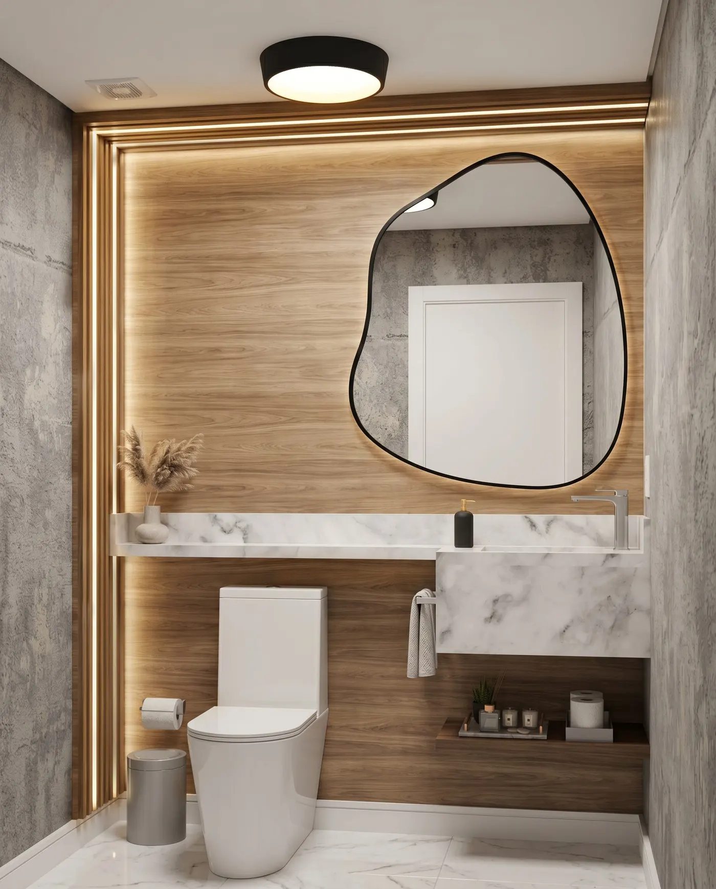 Projeto – Render do lavabo: painel amadeirado, espelho orgânico e bancada em pedra clara, Lavabo Miriam (Torres/RS)