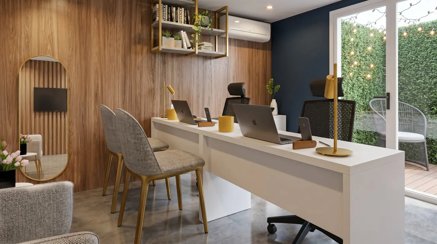 Render do DG Studio, mesa de trabalho junto à janela para o jardim